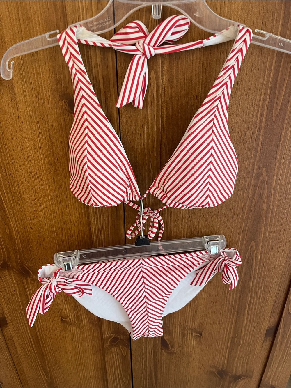 No Boundaries Red and White Striped Tie-Side Bikini Top and Bottom